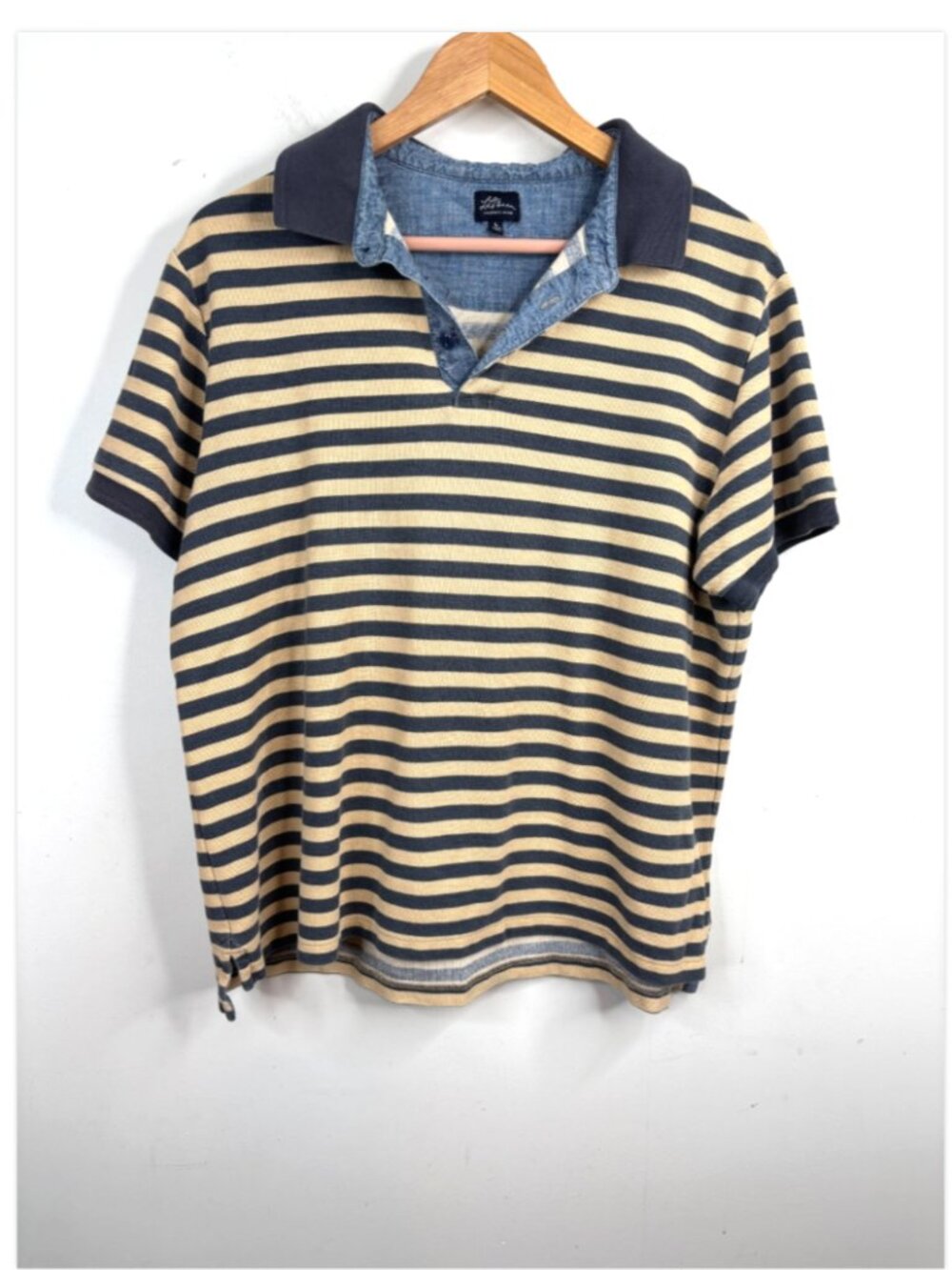 LL Bean Striped Polo Shirt Womens L Navy Preppy Coastal Rugby Nautical Collared